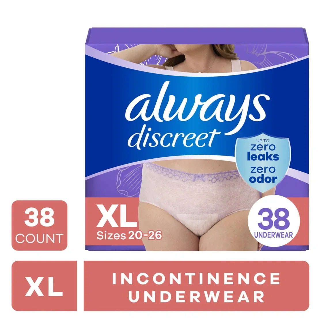 Always Discreet Adult Incontinence Underwear for Women and Postpartum Underwear, XL, Up to 100% Bladder Leak Protection, 28 Count