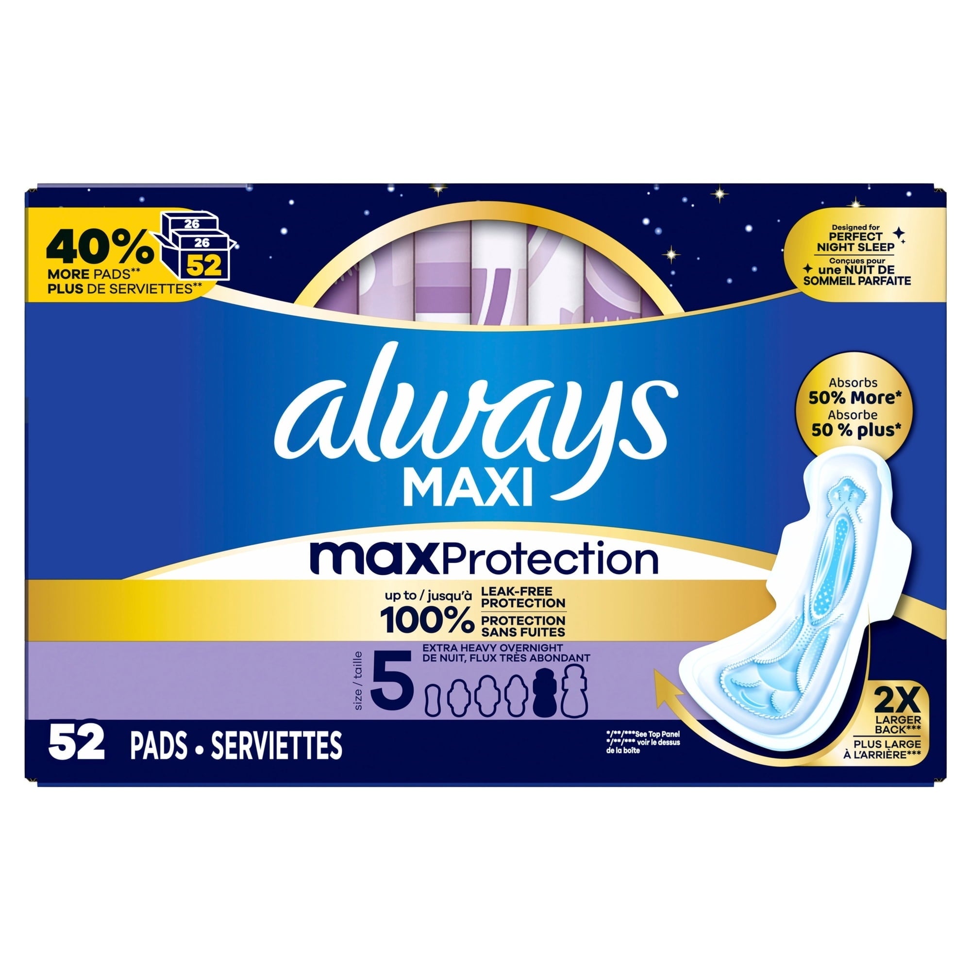 Always Maxi Overnight Pads with Wings for Women, Size 5, Extra Heavy Overnight Absorbency, Unscented, 52 Count (PACK OF 3 )