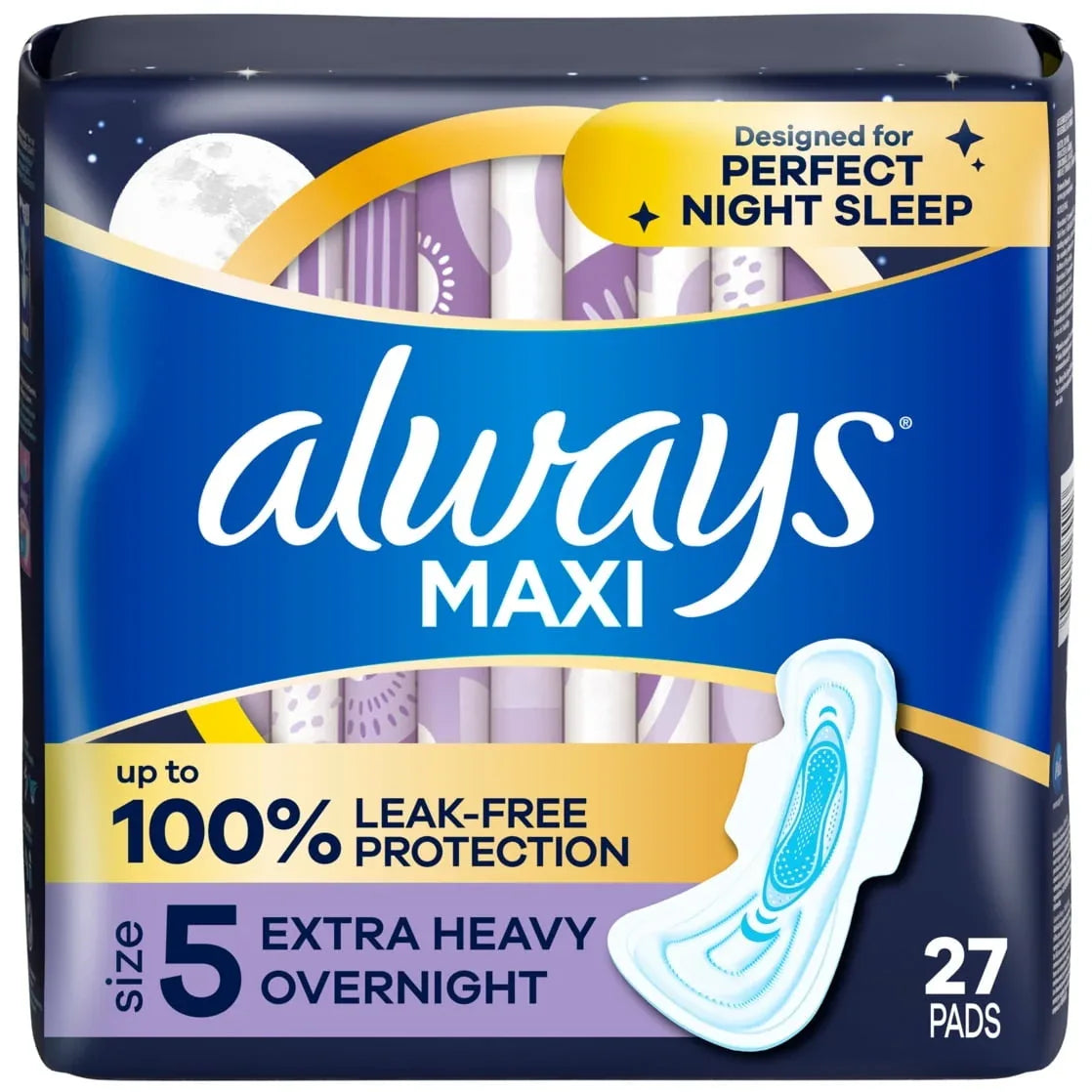 Always Maxi Overnight Pads with Wings for Women, Size 5, Extra Heavy Overnight Absorbency, Unscented, 52 Count