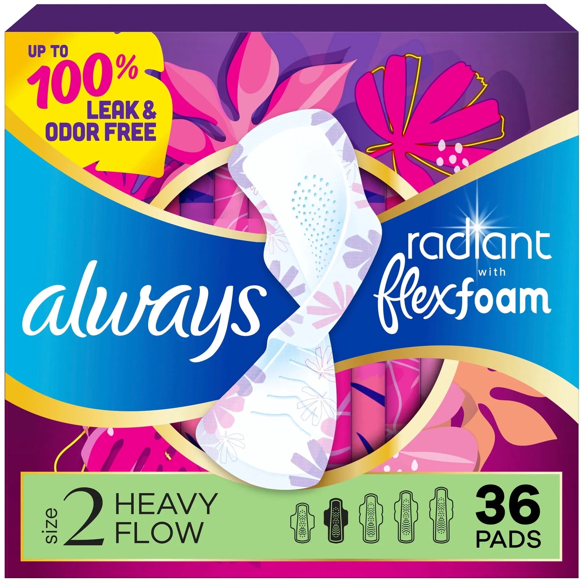 Always Radiant Pads, FlexFoam Pad, Wings, Heavy, Size 2, Light Clean Scent, 36 Count