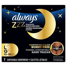 Always ZZZ disposable period underwear size L, 7-count box front with 360 coverage seal