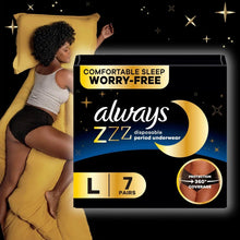 Always ZZZ disposable period underwear box front with 7 pairs, shown beside model
