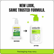 AmLactin Daily Nourish lotion bottles shown before and after, green pumps