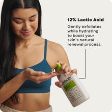 AmLactin 12% lactic acid lotion bottle held by a person, green cap