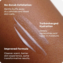 Exfoliating lotion streaks smoothed across skin