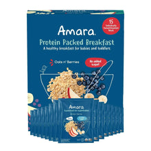 Breakfast cereal box front, blue with oats n’ berries illustration and 15 meals badge