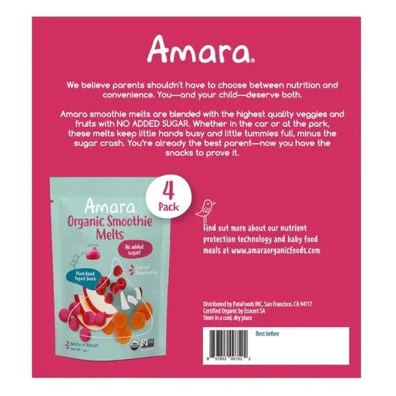 Amara Organic Yogurt Smoothie Carrot Raspberry Melts, 4 (1 oz) bag per box - USA MEGA SHOP