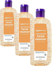 Facial cleanser bottle, speckled beige with purple cap, orange label, 8 fl oz