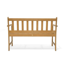 Wood outdoor bench with vertical back slats and slatted seat, side supports, light brown