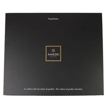 Amedei dark chocolate gift box front with gold logo and brand mark
