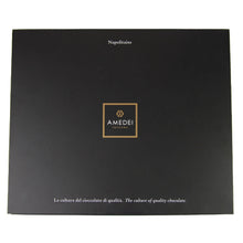 Black chocolate gift box front with Amedei logo and centered text