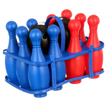 Bowling set front view: blue and red pins on rack with two black balls