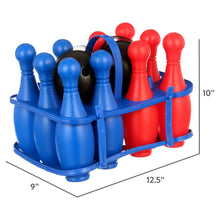 Bowling set with blue/red pins on tray and two black balls, 10 in