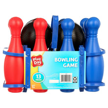 Boxed 13-piece bowling game with red and blue pins and two black bowling balls