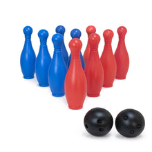 Bowling pins in blue and red with two black bowling balls