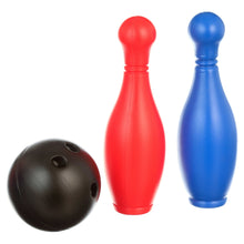 Close-up: red and blue bowling pins with two black bowling balls