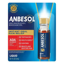 Anbesol oral pain relief liquid bottle with dark blue label, 0.41 fl oz