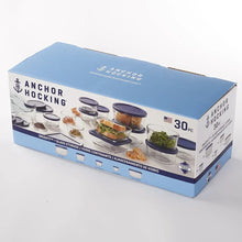 Boxed set of clear glass food storage containers with blue snug-fit lids, 30 pc