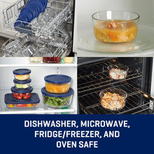 Clear glass food containers with blue lids shown in dishwasher and oven use