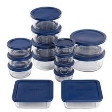 Blue-lidded glass food storage containers set, stacked small to medium