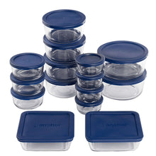Glass food storage containers with snug blue lids, assorted sizes in a set