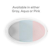 Two-tone oval baby bath support insert with gray and pink mesh