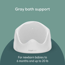 Gray baby bath support with white frame and perforated mesh pad