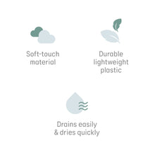 Baby bathtub support seat feature icons: soft-touch material and fast drying