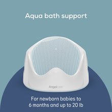 Aqua baby bath support seat with curved white base and blue mesh surface