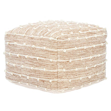 Woven wool pouf in cream with light beige stripe rows and stitched details.