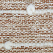 Woven wool pouf fabric close-up, textured stripes with tufted white yarn