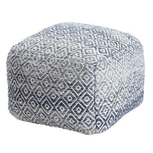 Blue and white woven diamond-pattern pouf ottoman with rounded sides