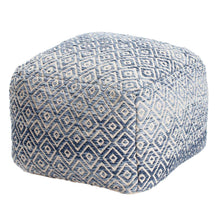 Woven diamond pouf in blue and white, fabric texture close-up