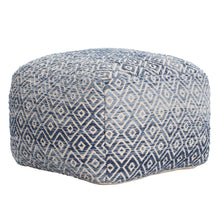 Blue and white woven diamond-pattern pouf, rounded cube top