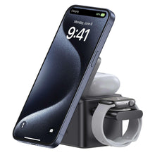 3-in-1 wireless charging stand with phone dock and circular charging pad, dark