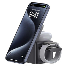 Black 3-in-1 wireless charging stand holding a smartphone and watch