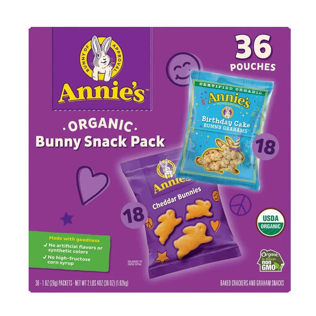Annie's Organic Bunny Snack Pack Baked Crackers and Graham Snacks, 1.07 oz, Variety Pack, 36-count - USA MEGA SHOP