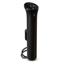 Black precision sous vide cooker with top display and side grip, power cord attached