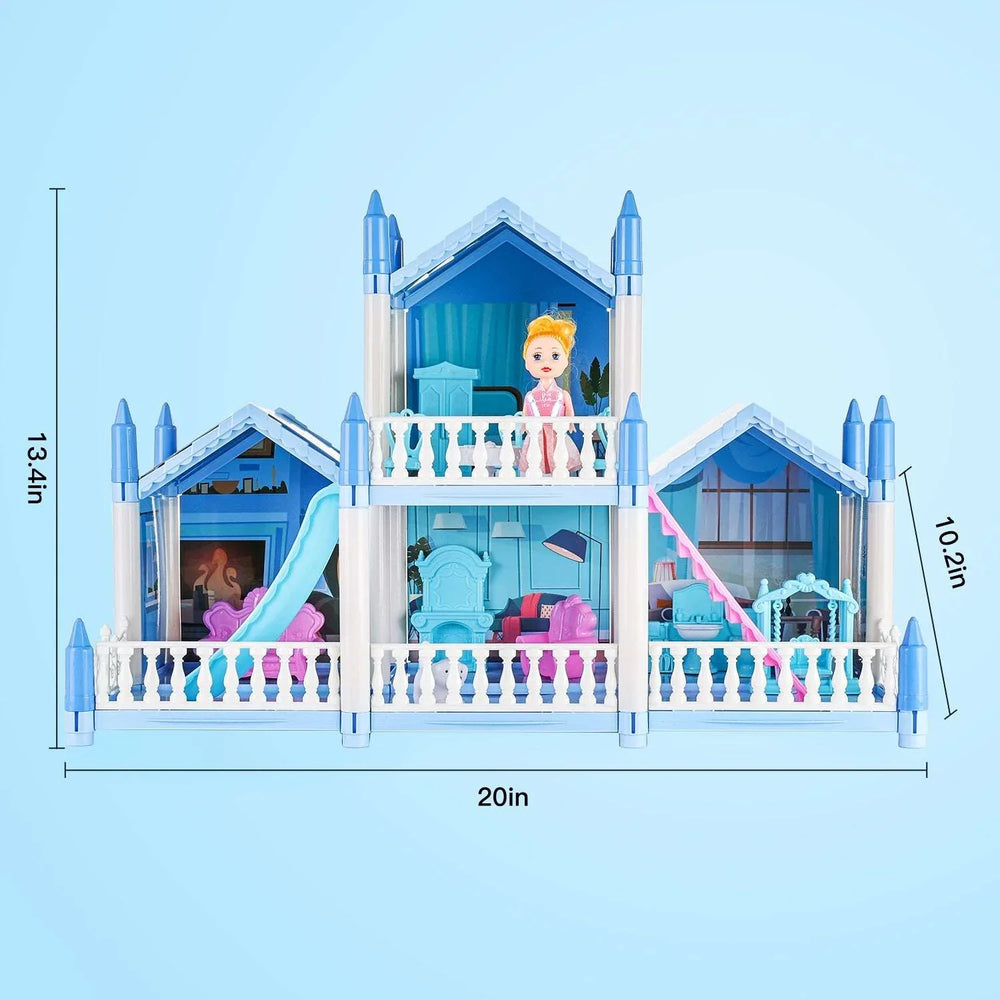 Anpro Blue Dollhouse Pretend Play Set for Kid, Big Villa Princess Castle, 5 Rooms Dollhouse with Doll Toy Figure for Age 3+ Boys and Girls Play House Gift Toys - USA MEGA SHOP