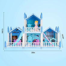 Blue and white dollhouse playset with three levels, balcony, slide, and exterior railings