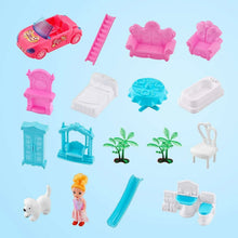 Plastic dollhouse play set accessories with furniture, ramp, doll, and toy car