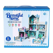 Boxed blue and white dollhouse play set with accessories, slide, and castle design