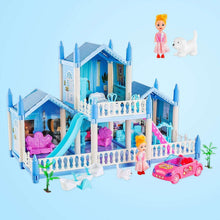 Blue and white princess dollhouse with three levels, balcony railing, slide, and figures