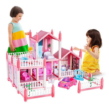 Pink 5-room princess dollhouse playset with balcony fence, dolls and toy car