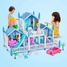 Blue and white multi-room dollhouse with balcony, slide, stairs, and toy furniture