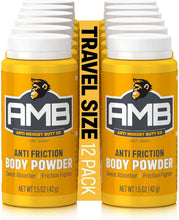 Anti friction body powder bottles, travel-size, yellow with white caps and AMB logo