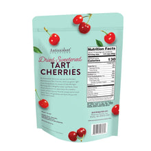 Dried tart cherries pouch back with cherry graphics and Nutrition Facts panel