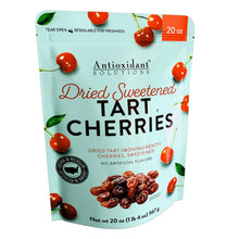 Dried sweetened tart cherries pouch, turquoise front with cherry graphics and 20 oz
