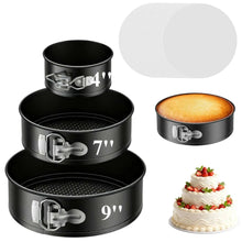 Set of 3 black round springform cake pans with removable bottom and perforated base.