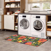 Kitchen runner on tile floor with bold multicolor flower and leaf pattern.
